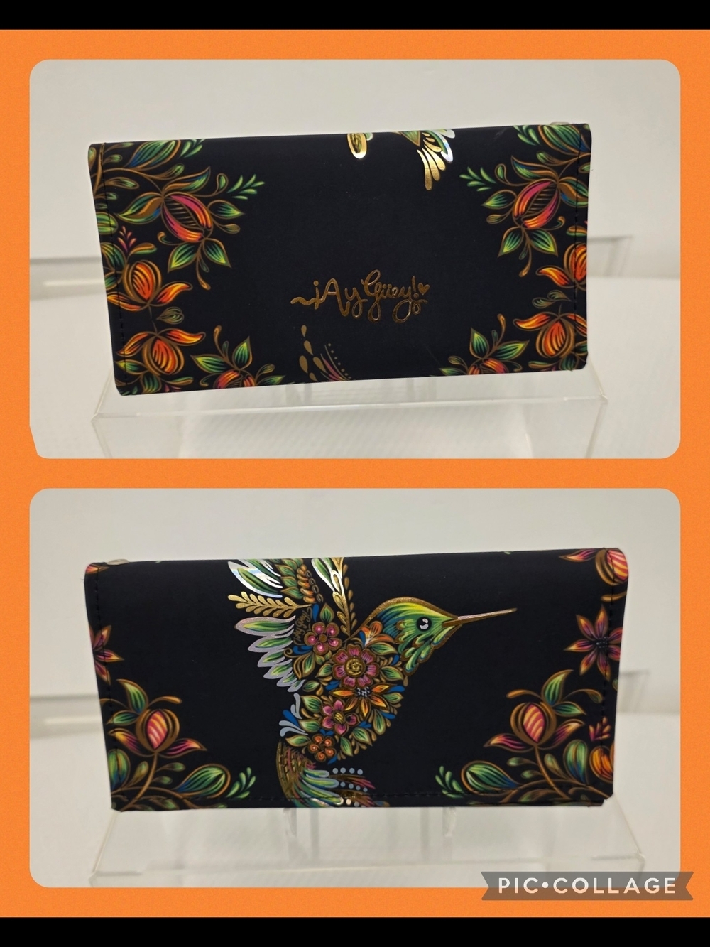 EUC Ay Guey Black Floral Hummingbird Trifold Snap Close Wallet Colorful, Unique